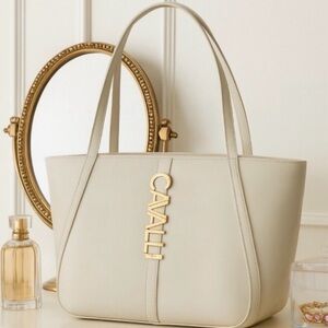Cavalli Sandra Shopper White Asparagus Leather Tote Bag with Gold Logo $118